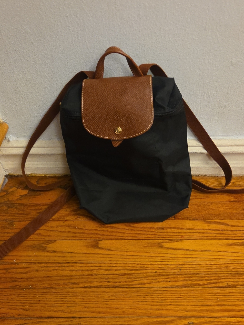 Longchamp Black Nylon Backpack with Brown Leather Flap and Straps